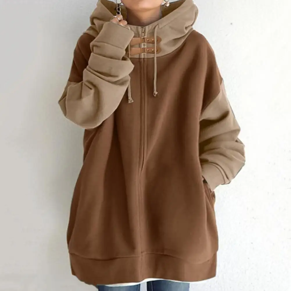 Women Hoodie Patchwork Contrast Color Women Zip-up Hoodie Loose Pullover Pockets Drawstring Hooded Thick Lady Hoodie