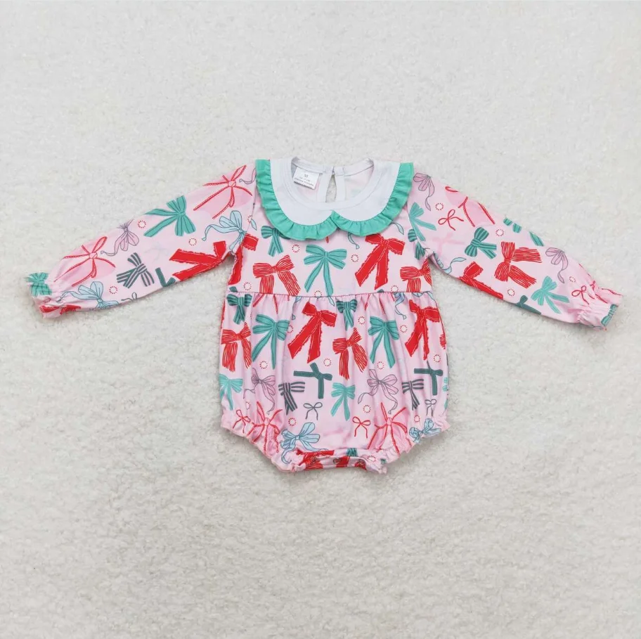 

Infant Girls 1 Piece Romper Baby Girls Ruffle Collar Long Sleeve Fall Rompers Kids Pink Bows Onesies