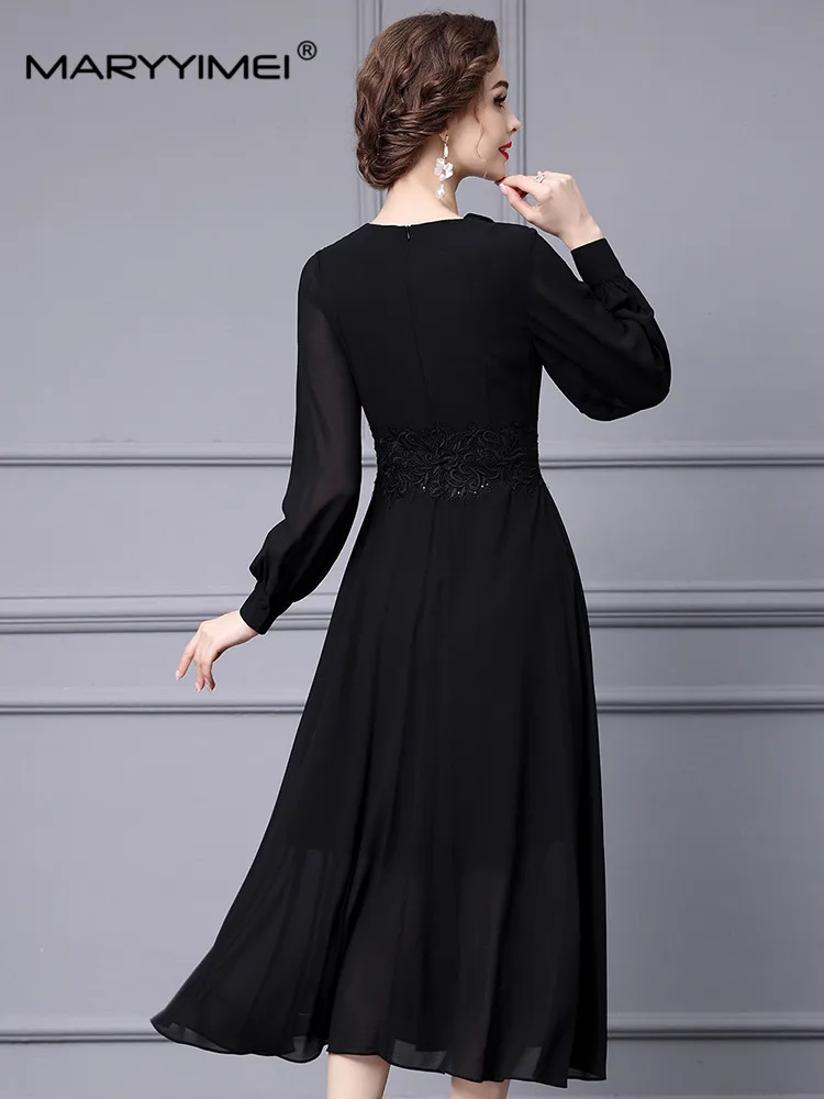 MARYYIMEI New Fashion Runway Designer Women\'s Black V-Neck Long Sleeve Elegant Three-Dimensional Floral Pleated Vintage Dress