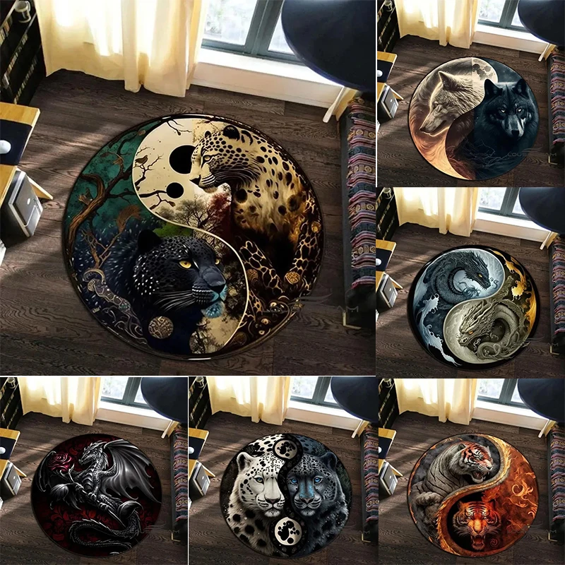 Animal Art Style Round Carpet 3D Printed Coiling Dragon Crouching Tiger Lion Pattern Children's Study Room Floor Mat