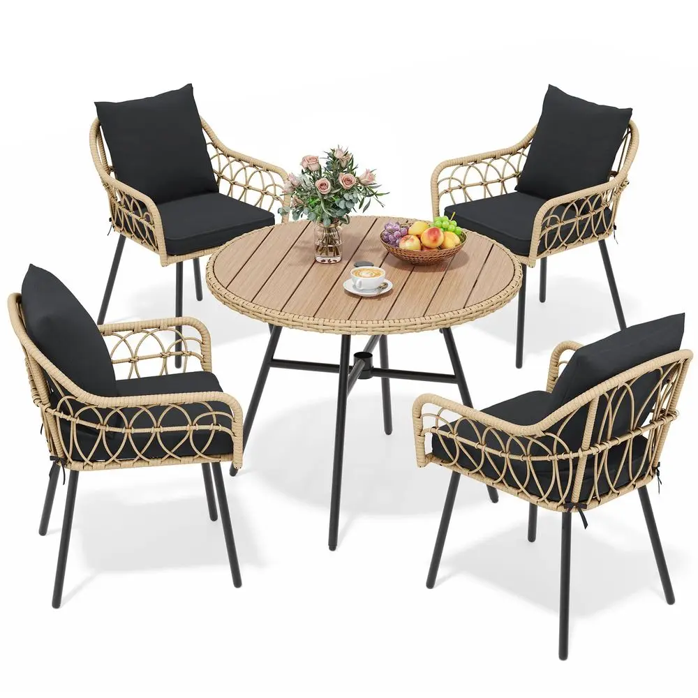 

5Piece Outdoor Dining Table Set for 4, Rattan Patio Furniture Set with 4 Armchairs, Patio Table and Chairs Set with Plastic Woo