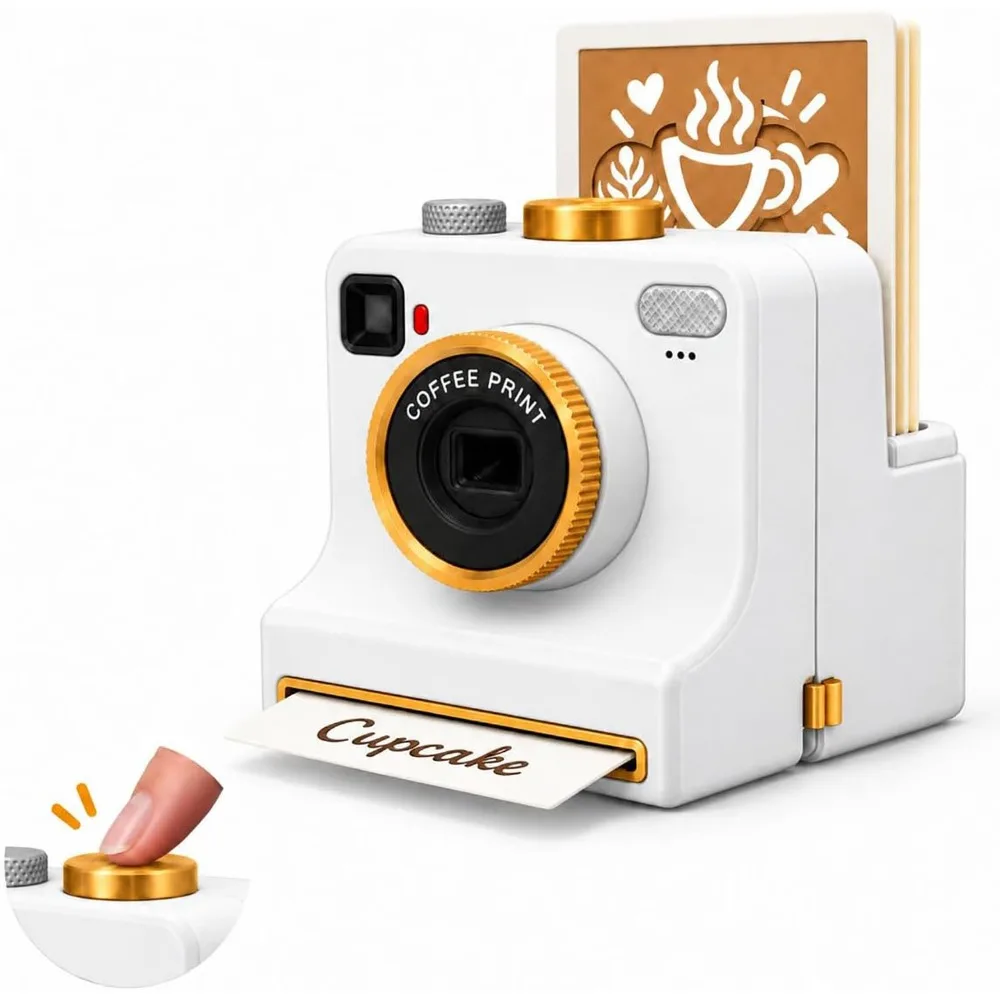 Funny 3D Printed Latte Camera Vintage Look Replaceable Cards DIY Latte Art Camera Tool One Touch Press Plastic