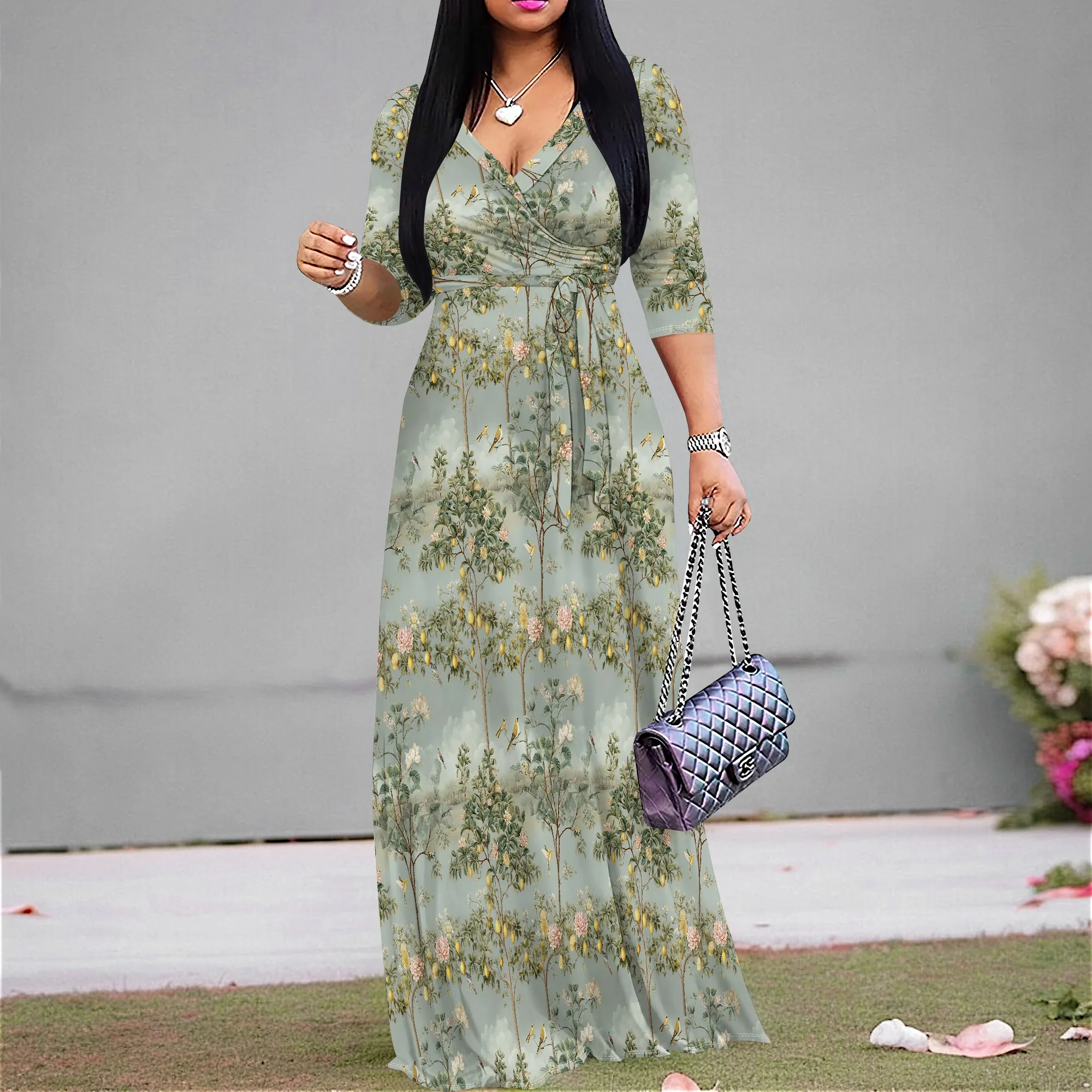 

African American Plus Size Floral Wrap Maxi Dress S‑3XL V‑Neck Belted | Spring Easter Garden Party Ready