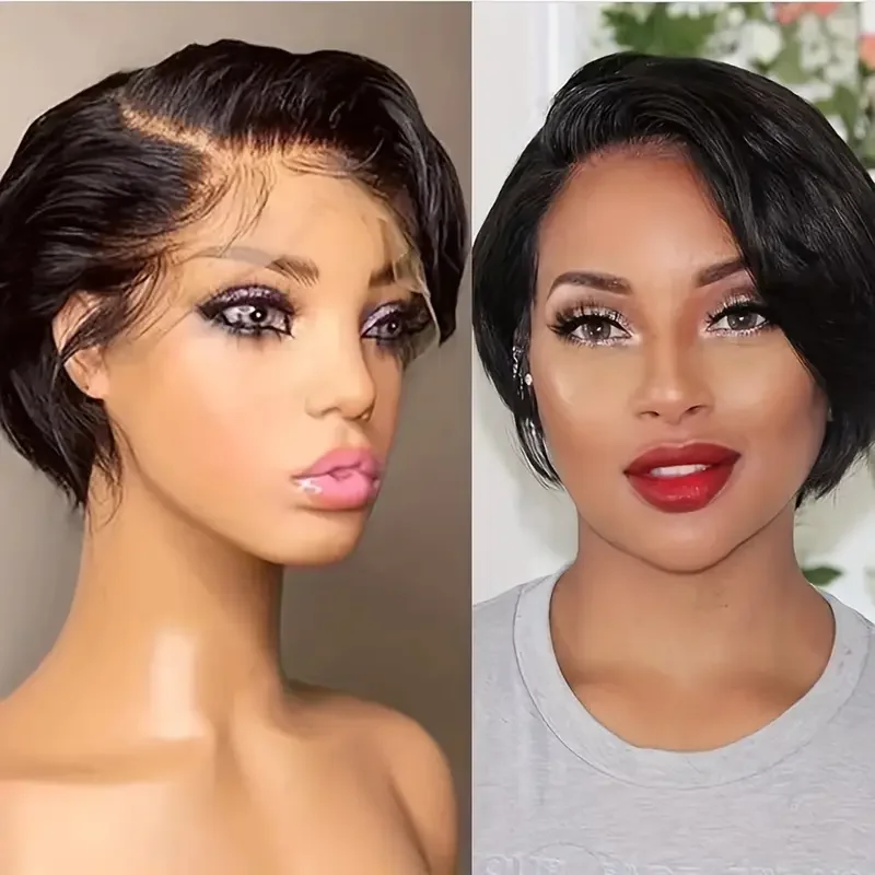 Short Pixie Cut Wigs Straight Human Hair Bob Wigs Brazilian 13*1 Transparent Lace Front Wigs For Women Natural Color