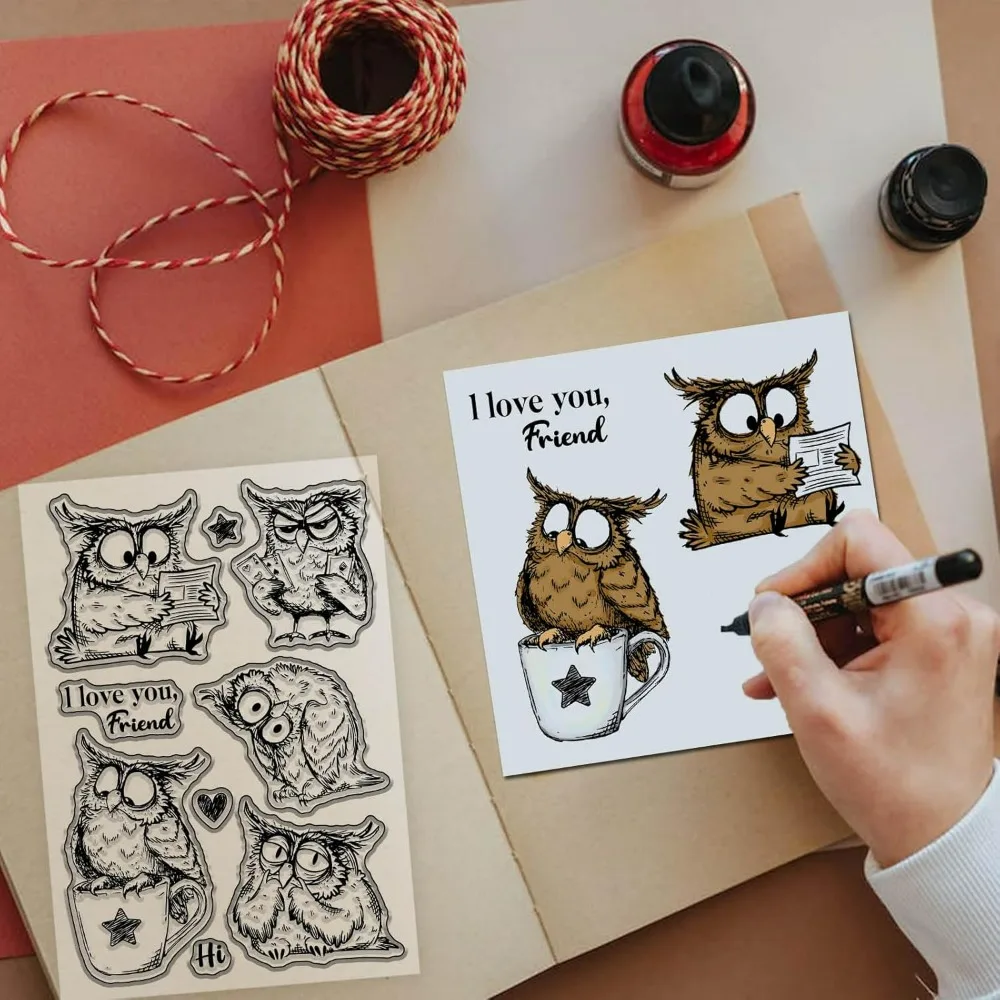 Cute Owl Clear Stamps for Scrapbooking Reading Bird Silicone Stamps Cartoon Animals Sentiment Transparent Stamp for Card Making