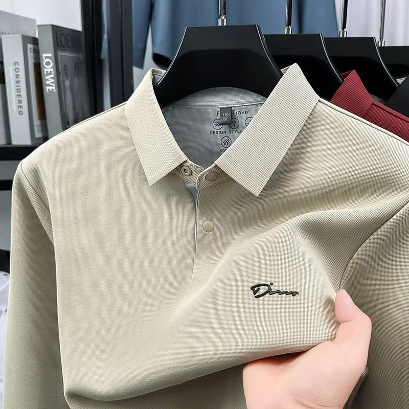 Luxuriöses Herren Langarm-Poloshirt Fleece-Gefüttert Verdickt Buchstabendruck Revers Knopfleiste Frühling Neu Nahtloses T-Shirt Freizeit Herrenbekleidung