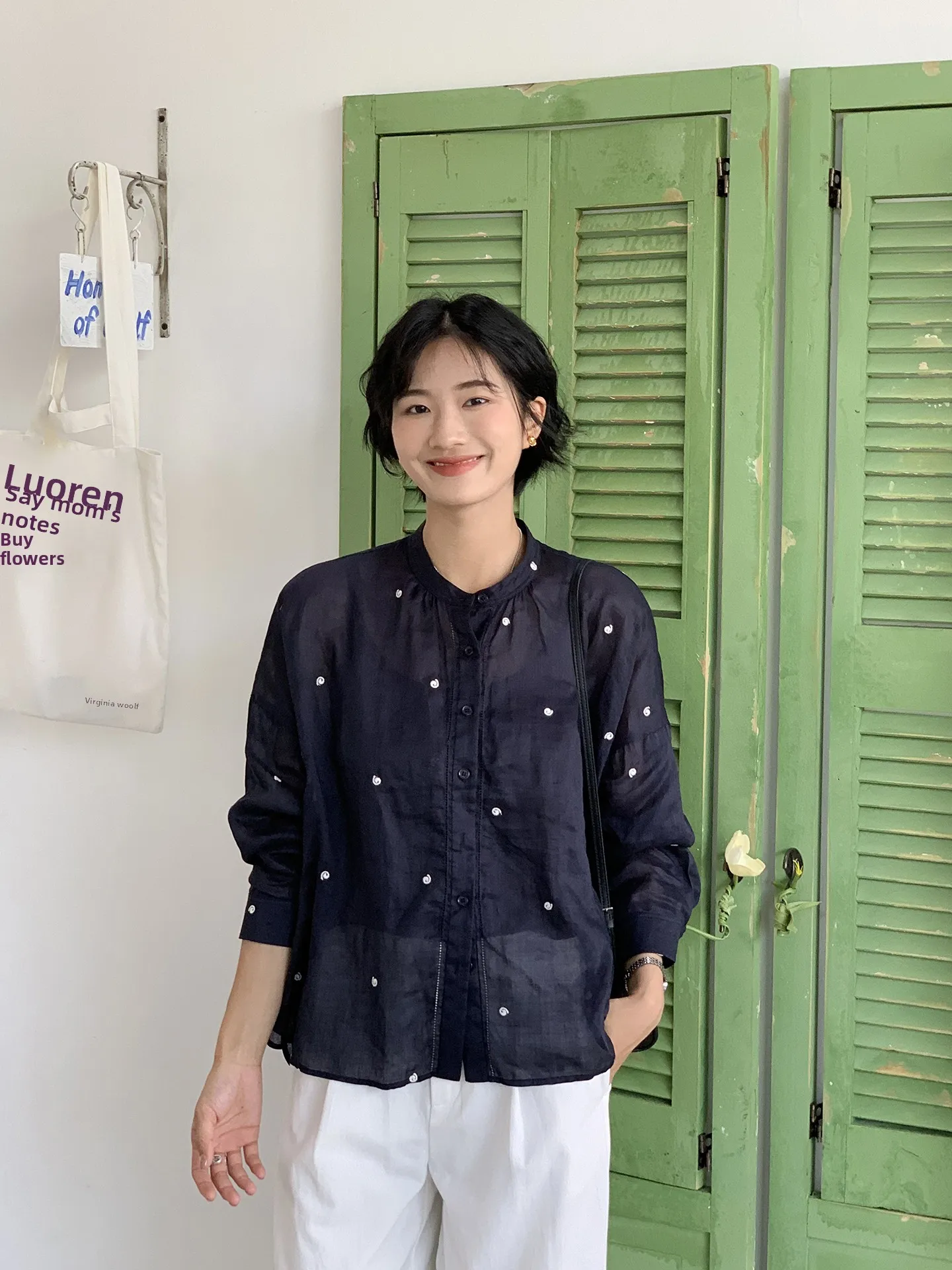 

Женская свободная блузка в горошек Zhou Xiaoya, дышащая, из хлопка и льна, с длинным рукавом, на пуговицах, новинка лета 2025