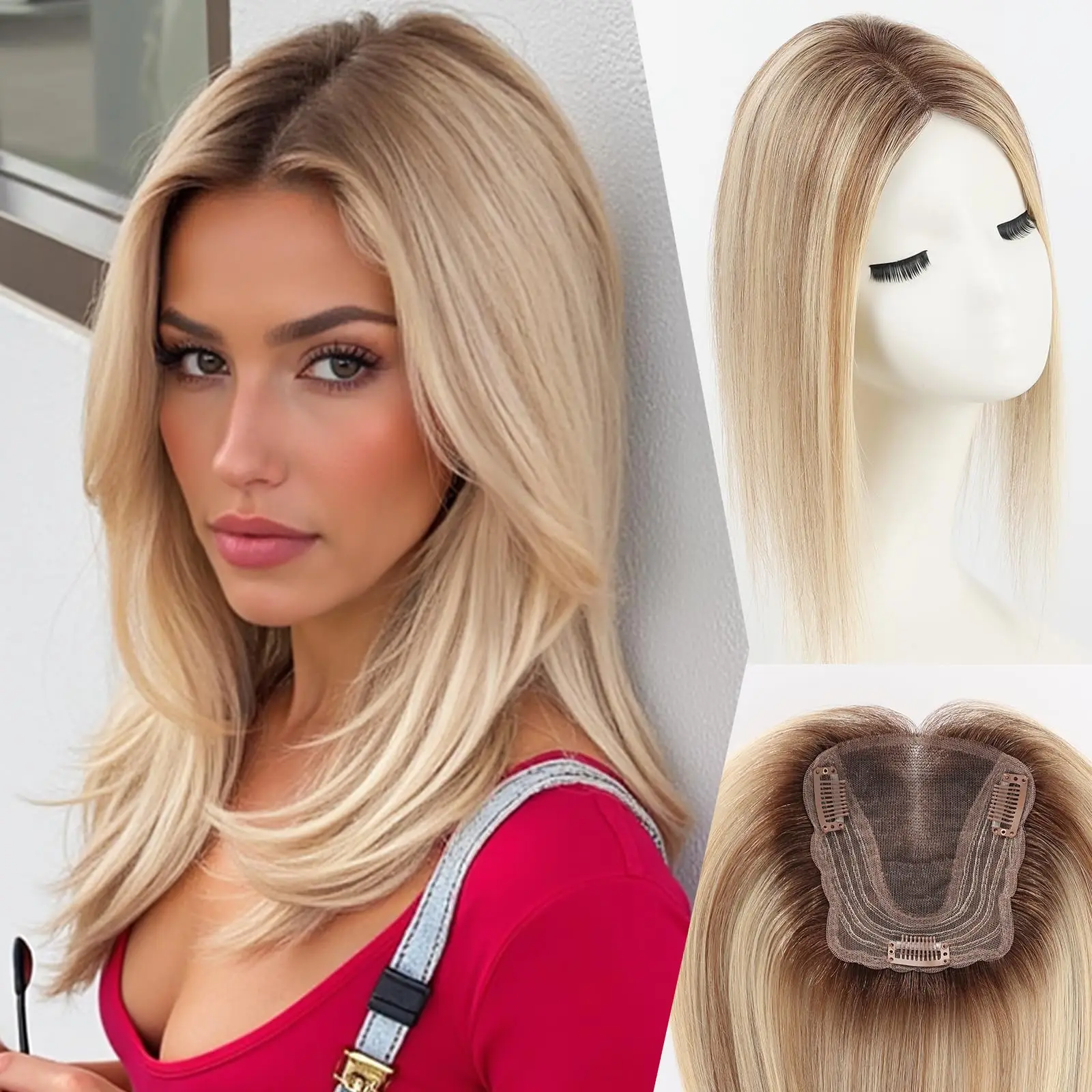 12inch Brown Blonde Highlight Human Hair Toppers for Women Hair Loss 100% Real Hair Topper Swiss Lace 3Clips Natural Hairpieces
