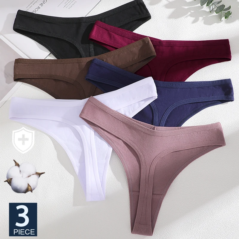 FINETOO 3Pcs/Set Women Cotton Thong Panties Low Rise Soft Breathable Ladies Underwear Multi‑Color Solid Female T‑back Underpants