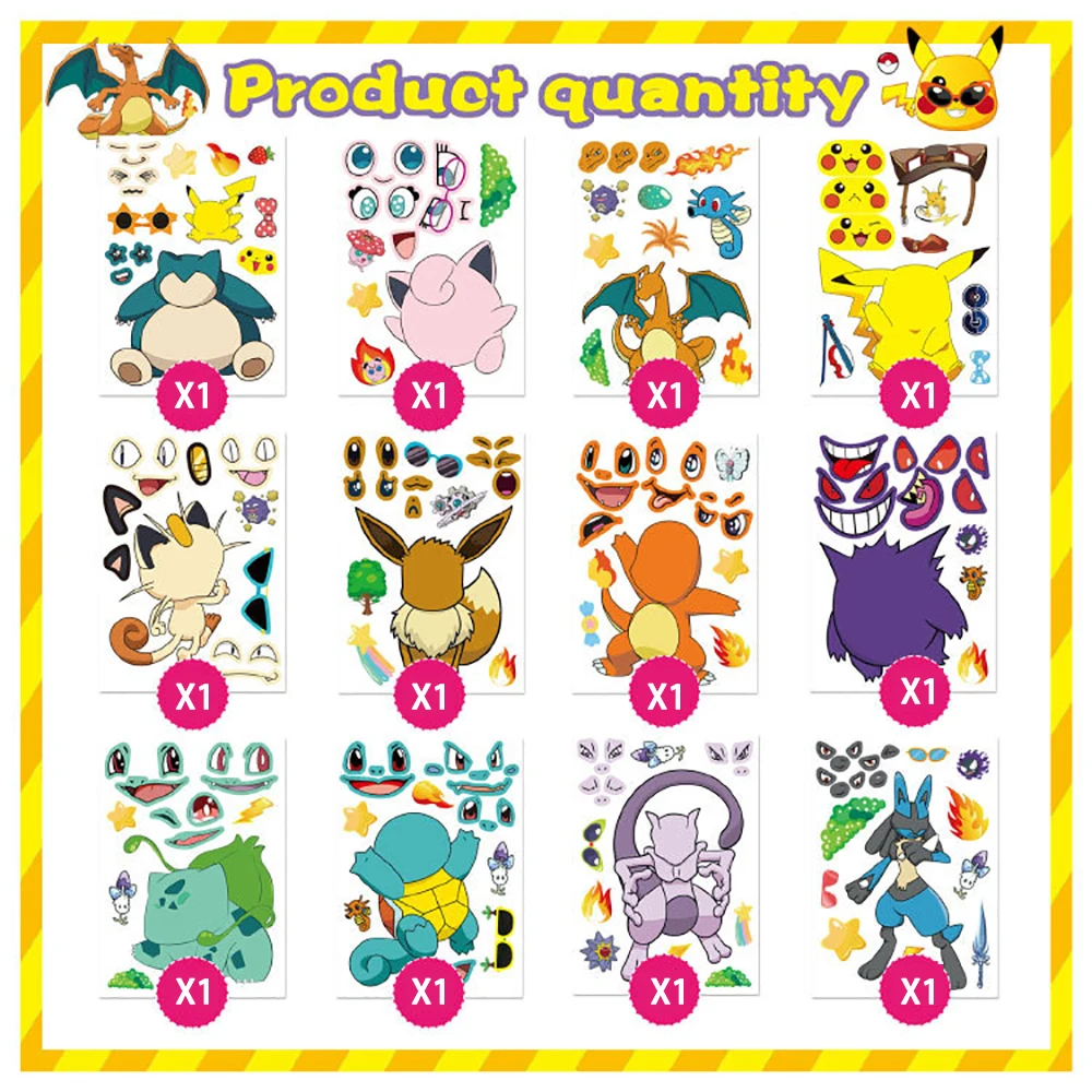 6/12Sheets Cute Pokemon Puzzle Anime Stickers DIY Make-a-Face Assemble Funny Cartoon Decal Assemble Jigsaw Children Boy Toy Gift