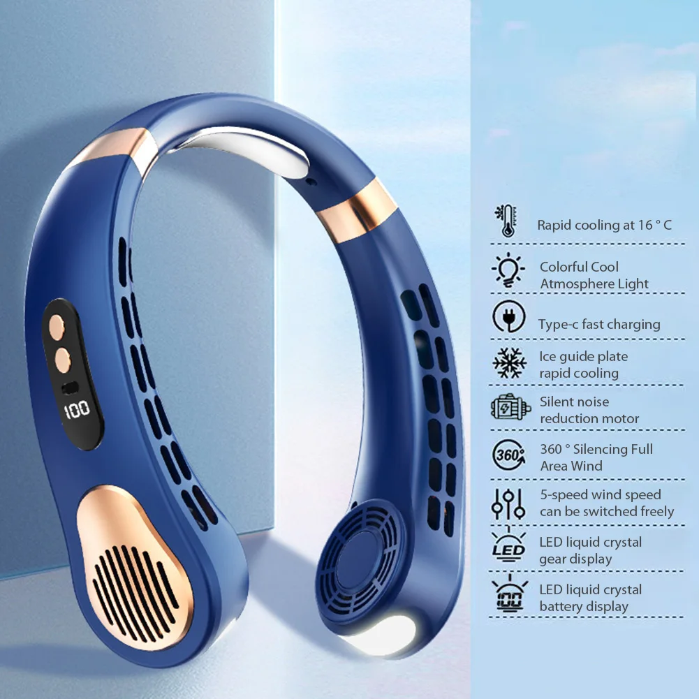 USB معلق الرقبة مروحة المحمولة الرقبة مروحة LED العرض الرقمي ورقة مروحة كهربائية ملونة جو أضواء مروحة التبريد 5 سرعة