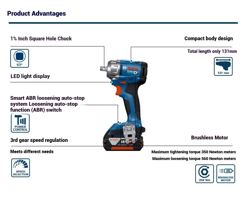 Bosch GDS18V-350 Cordless Brushless High Torque Impact Wrench 18V Lithium Ion for Construction Scaffolders Professional Tool