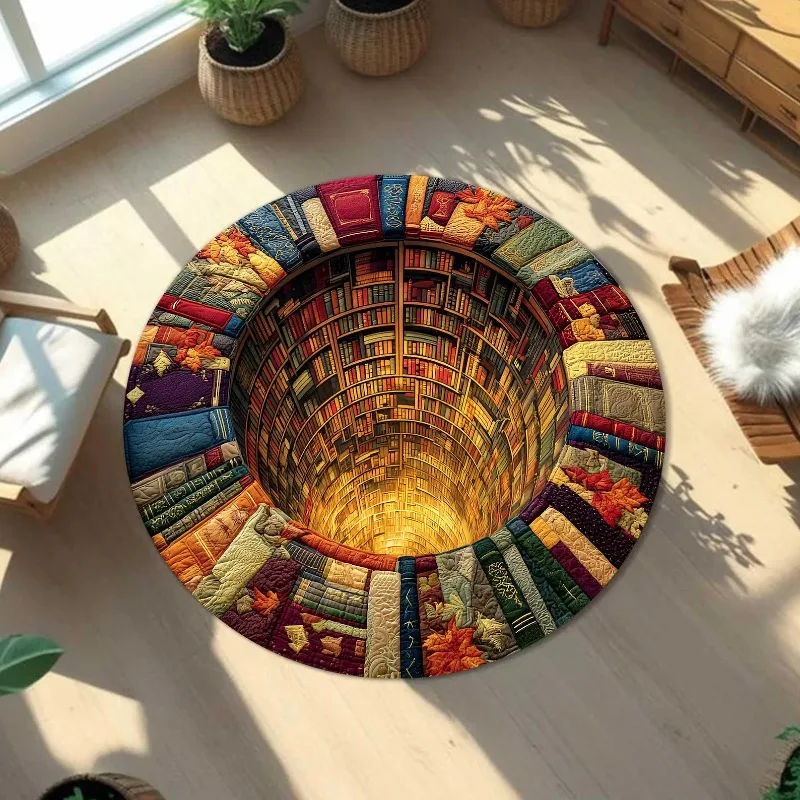 Library Books Round Rug 3D Optical Illusion Mat Book Lovers Reading Room Carpet Hole Effect Round Floor Mat Gift for Readers