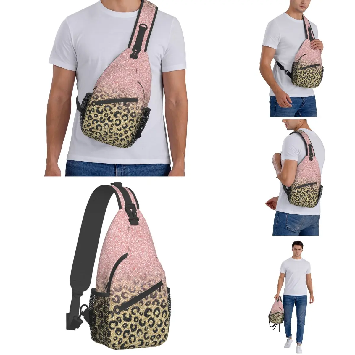 Rose Gold Glitter Black Leopard Crossbody Sling Bags Fashion Chest Bag Shoulder Backpack Daypack Hiking Outdoor Sports Satchel