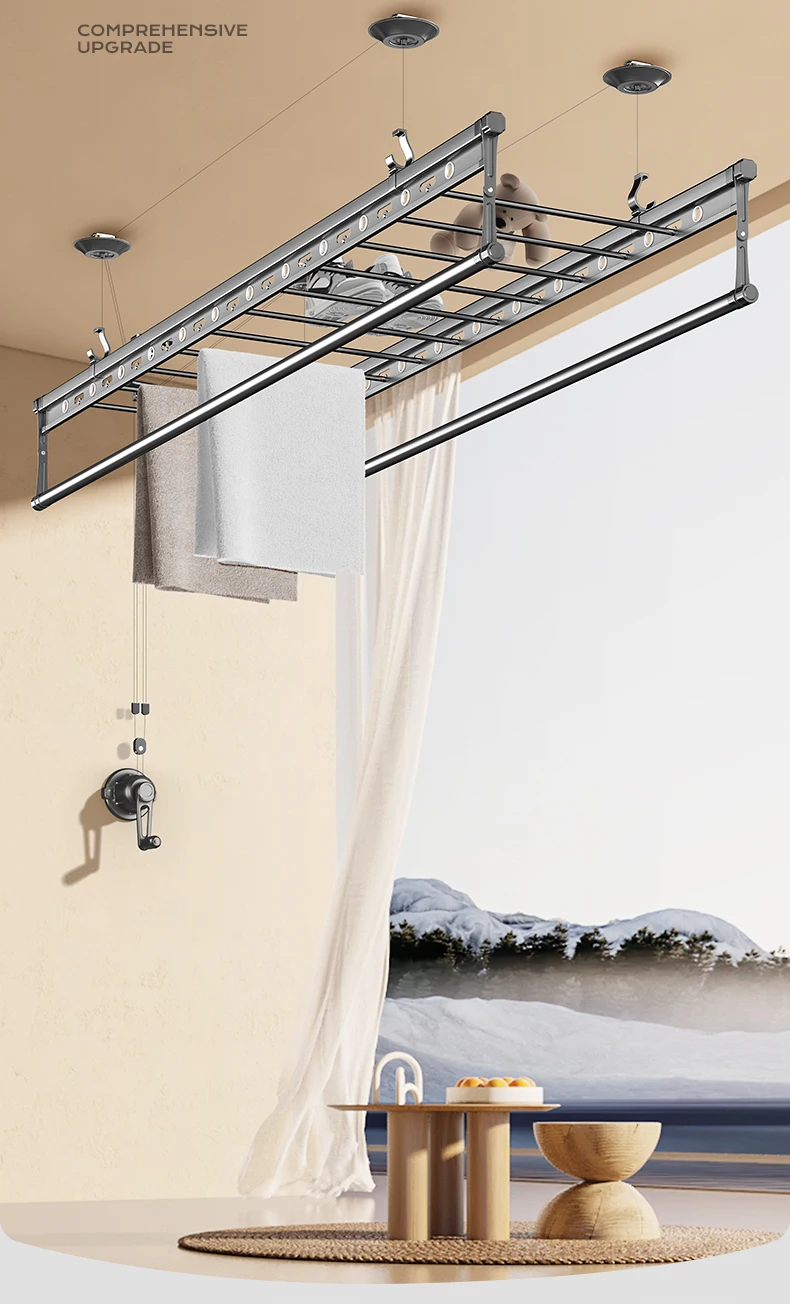 Rak pengering pengangkat balkon engkol tangan rumah tangga gantungan manual dalam ruangan instalasi atas batang ganda otomatis