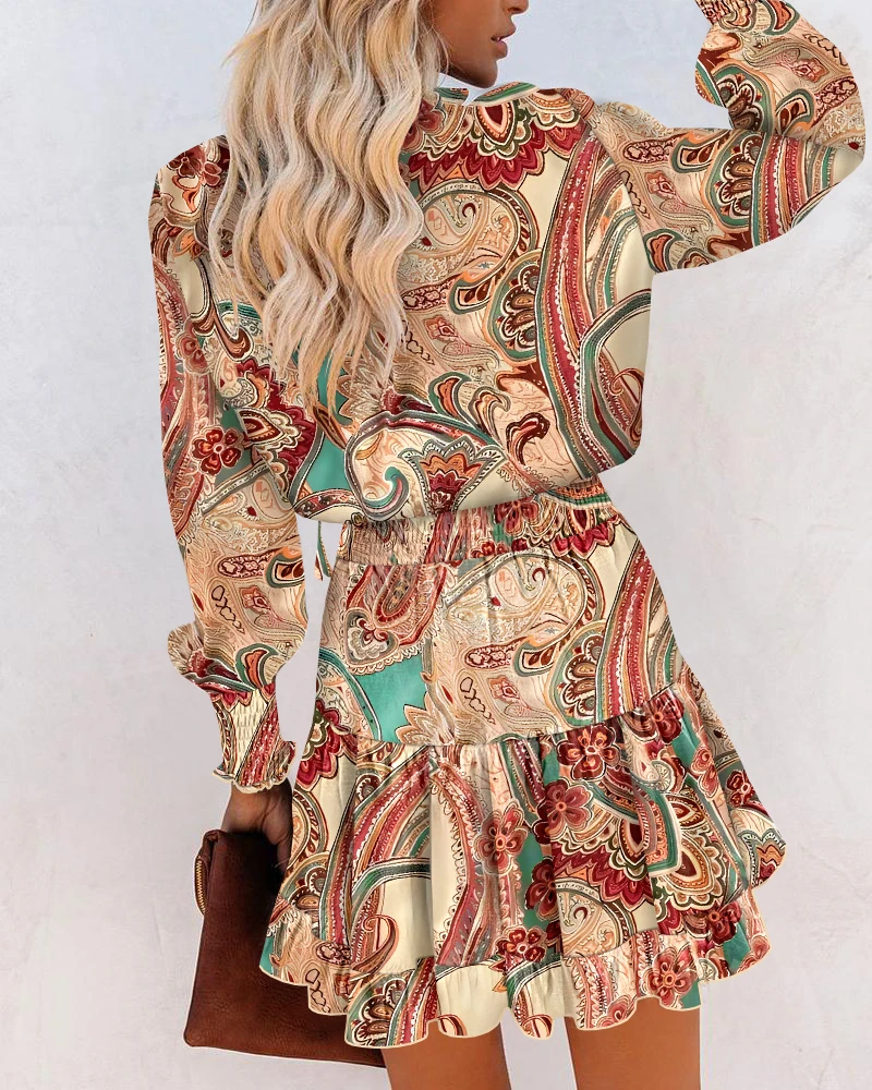 Women's Dress Autumn Fashion New Style Paisley Print V-Neck A Line Shirred Ruffles Long Sleeve Mini Dress Vintage Dress