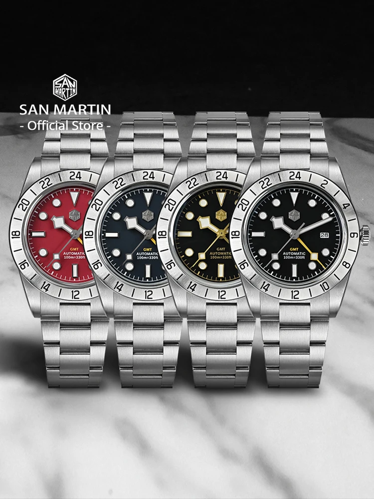 San Martin Upgraded 38.3mm Hangzhou 6460 BB GMT Men Watch Automatic Mechanical Sport Watch Sapphire Lume Waterproof 100m SN0054
