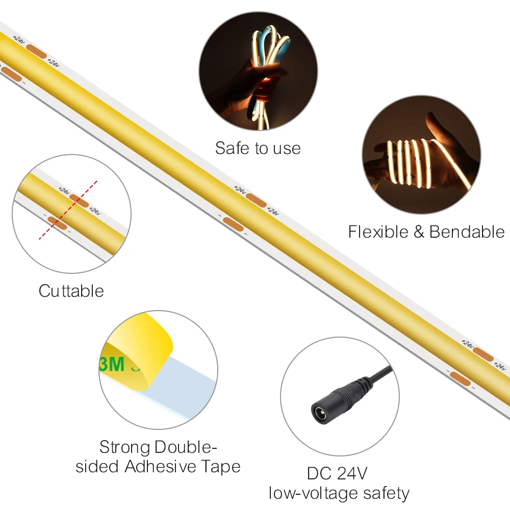 Tira de luces LED COB para decoración de habitación, 12V, 24V, 5mm, 8mm, 10mm, PCB, blanco Natural cálido