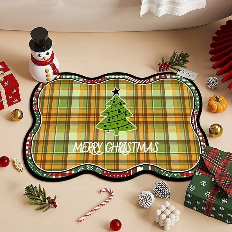 

Christmas Decoration Bathroom Floor Mat Non-Slip Diatom Mud Absorbent Carpet for Toilet Entrance with Festive Xmas Pattern