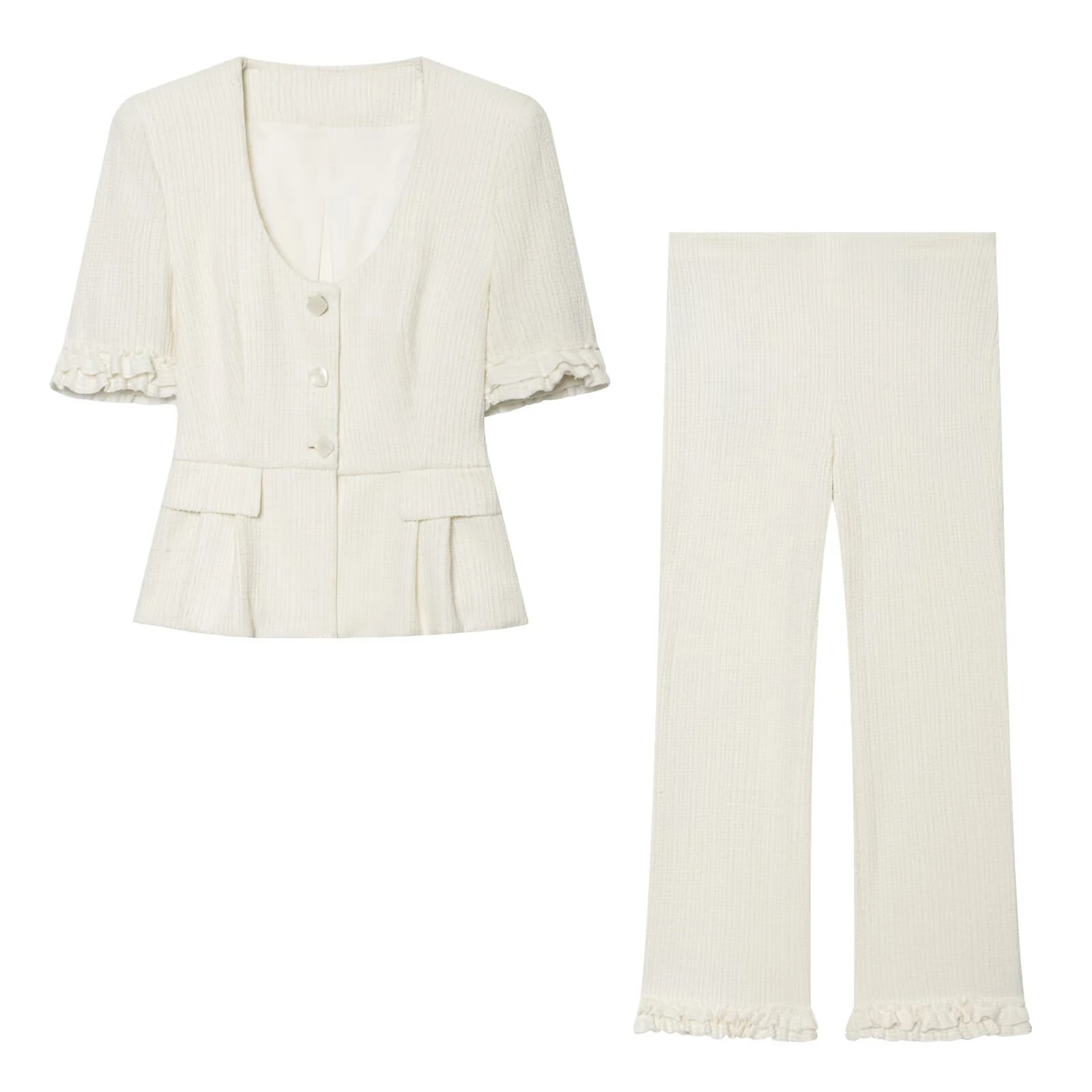 Short sleeved shoulder pad layered decoration waist cinching suit jacket high waisted straight leg flared pants set