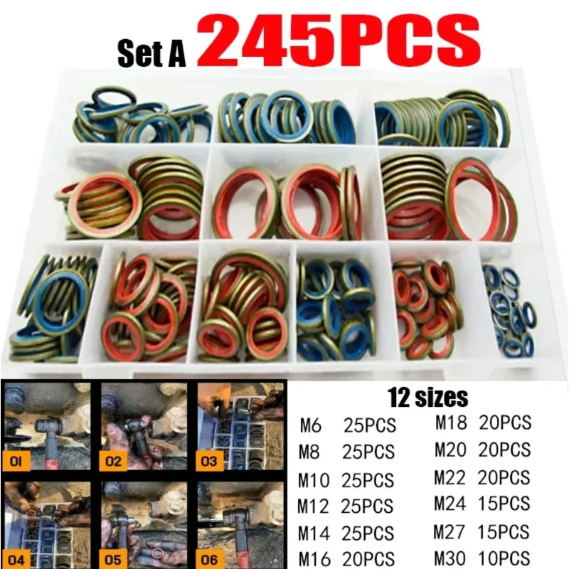 100/245pcs Sealing Gasket Set Oil Drain Combined Washer Seal, M6-16, M6-M30 Combination Pad Repair Box Oil Screw Sealing Gasket