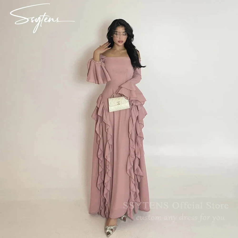 

SSYTENS Dusty Pink Satin Arabic Evening Dresses Women Pretty Off Shoulder Long Sleeves Party Elegant Prom Gowns Dress Vestidos