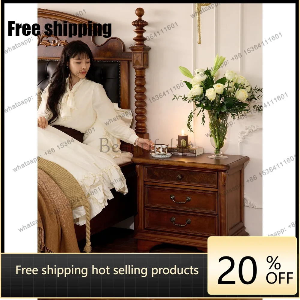 LD American retro solid wood bedside table medieval large capacity carved locker