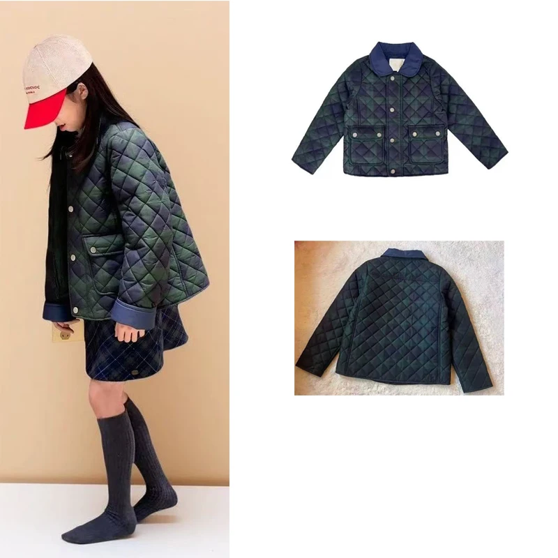 

Girls' Cotton-Lined Jacket Autumn/Winter 2025 Green Tartan Unisex Children's Jacket Warm and Adorable Cotton-Lined Coat