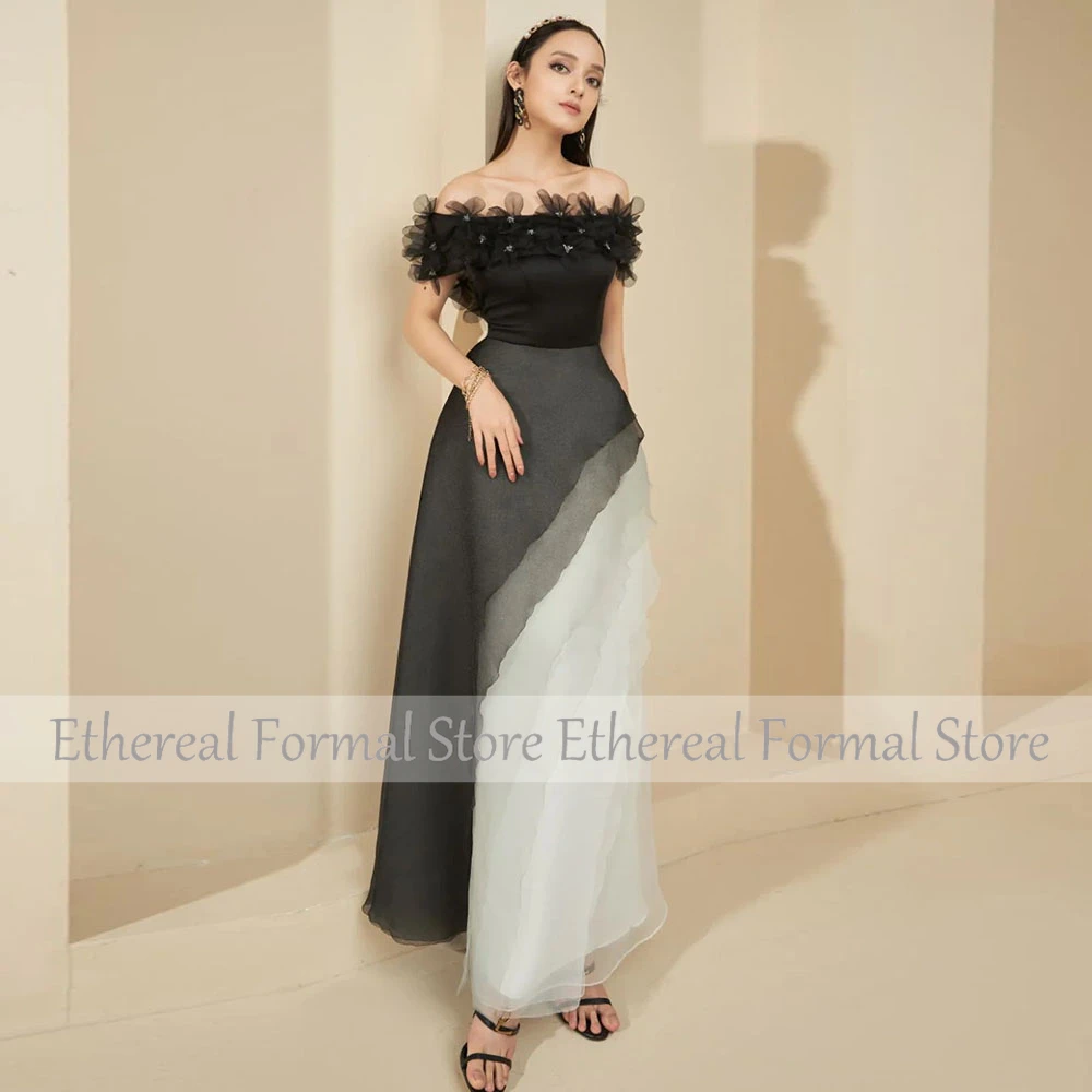 A Line Black Evening Dress Beading Off The Shoulder With Flowers Women's Evening Gown For Wedding  Sleeveless  Formal Dresses