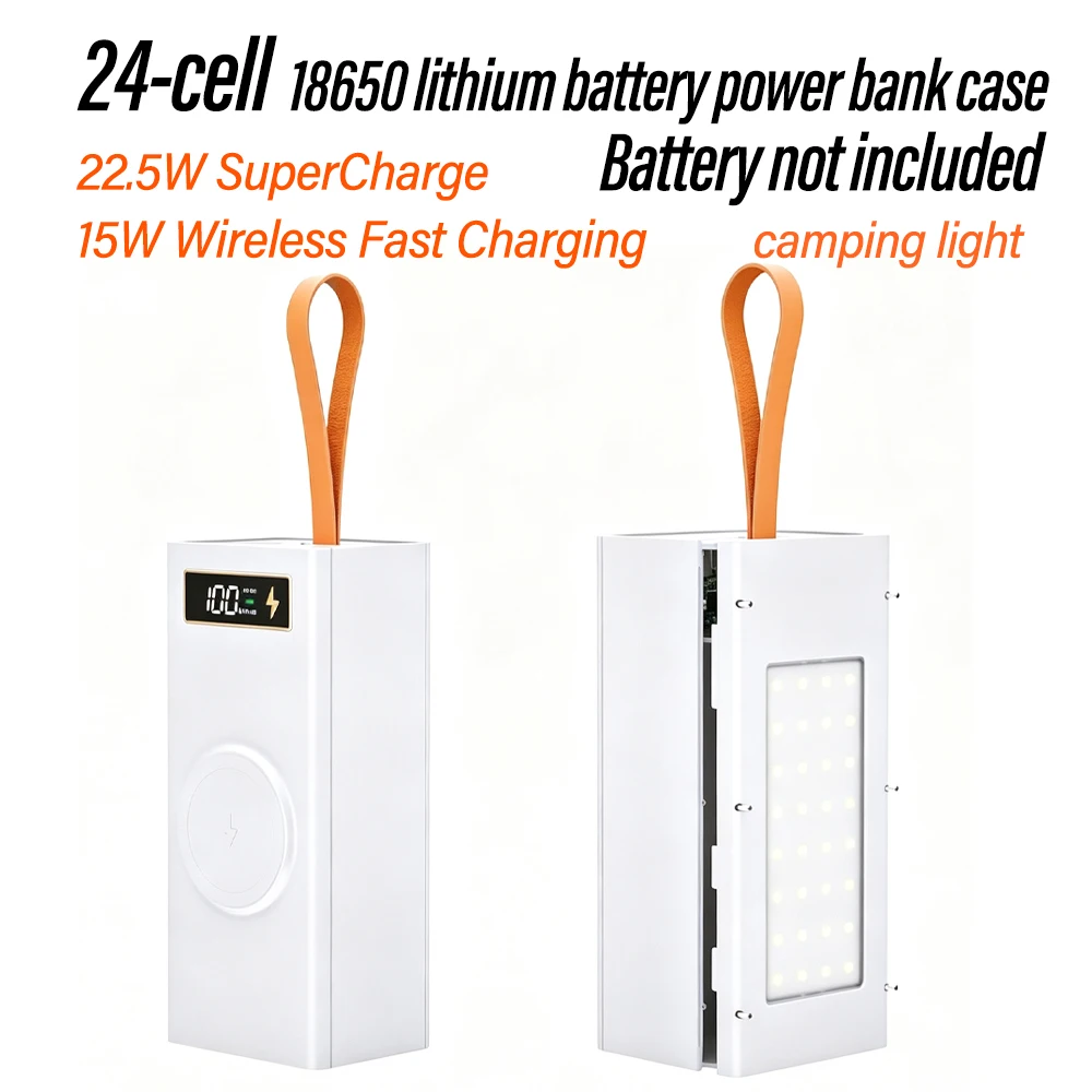 24 Cells 18650 DIY Power Bank Case Kit Detachable No Soldering Wireless Charging Camping Light Mobile Power Shell No Battery