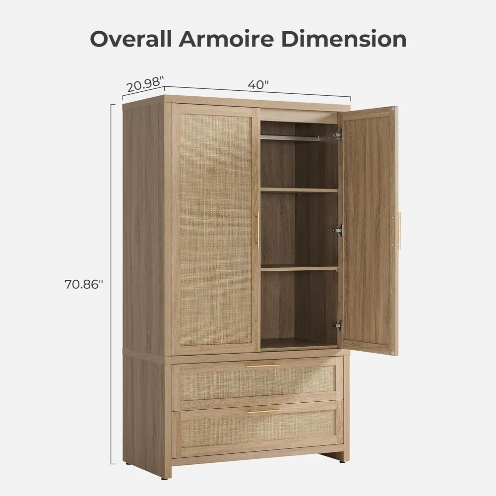

Larger Armoire Wardrobe Closet, 71" Tall Rattan Freestanding Wardrobe Closet Cabinet, with Storage and 2 Drawers, Boho Armoire