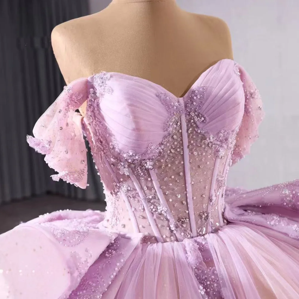 

Роскошное длинное платье для 15-летия (XV) с открытыми плечами, вырезом в форме сердца, аппликациями, шнуровкой на спине и бисерной отделкой, сиреневое, для особых случаев