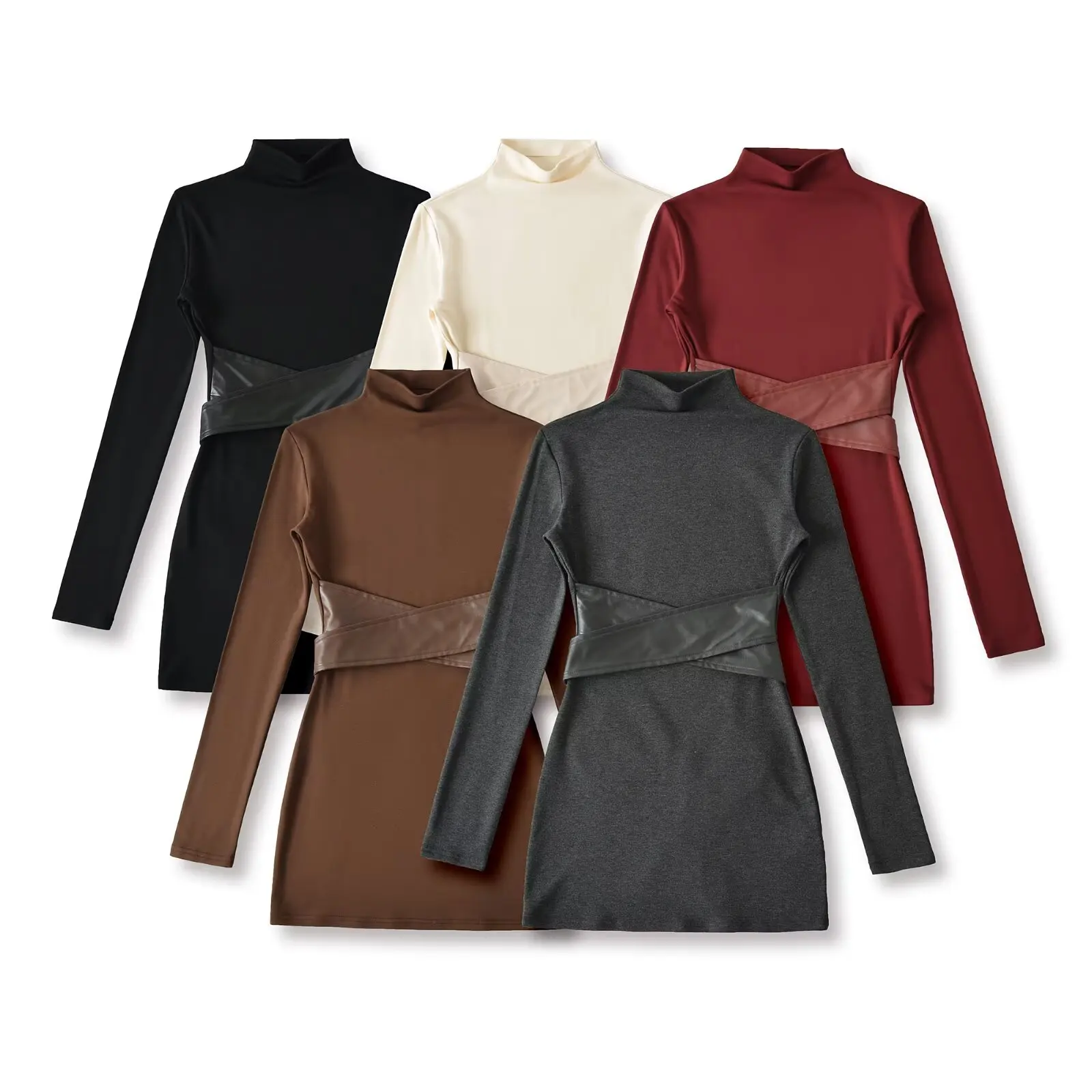 Autumn Winter Sexy Half High Collar Package Hips Long Sleeve Mini Dress Women Slim Leather Sashes Napping Bodycon Vestidos Black