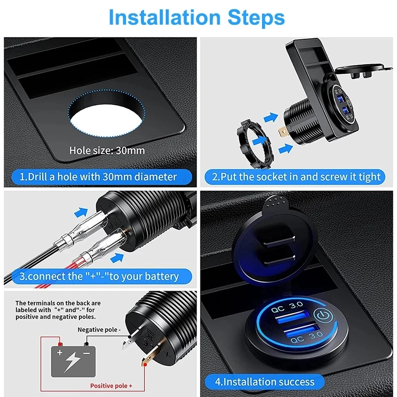 36W Car Charger Quick Charge 3.0 Dual USB Socket 12V/24V USB Fast Charger Socket Waterproof with Touch Switch Electronic Lighter