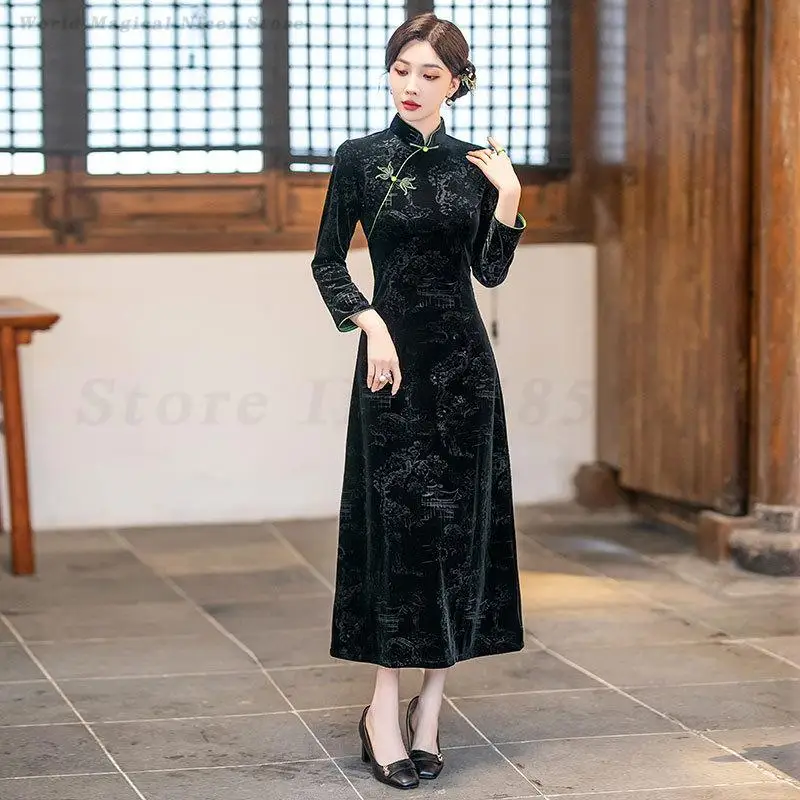 القطيفة ألف خط شيونغسام الجاكار خمر النمط الصيني فستان سيدة مثير سليم تشيباو مساء ثوب حفلة مرحلة الأداء زي #2