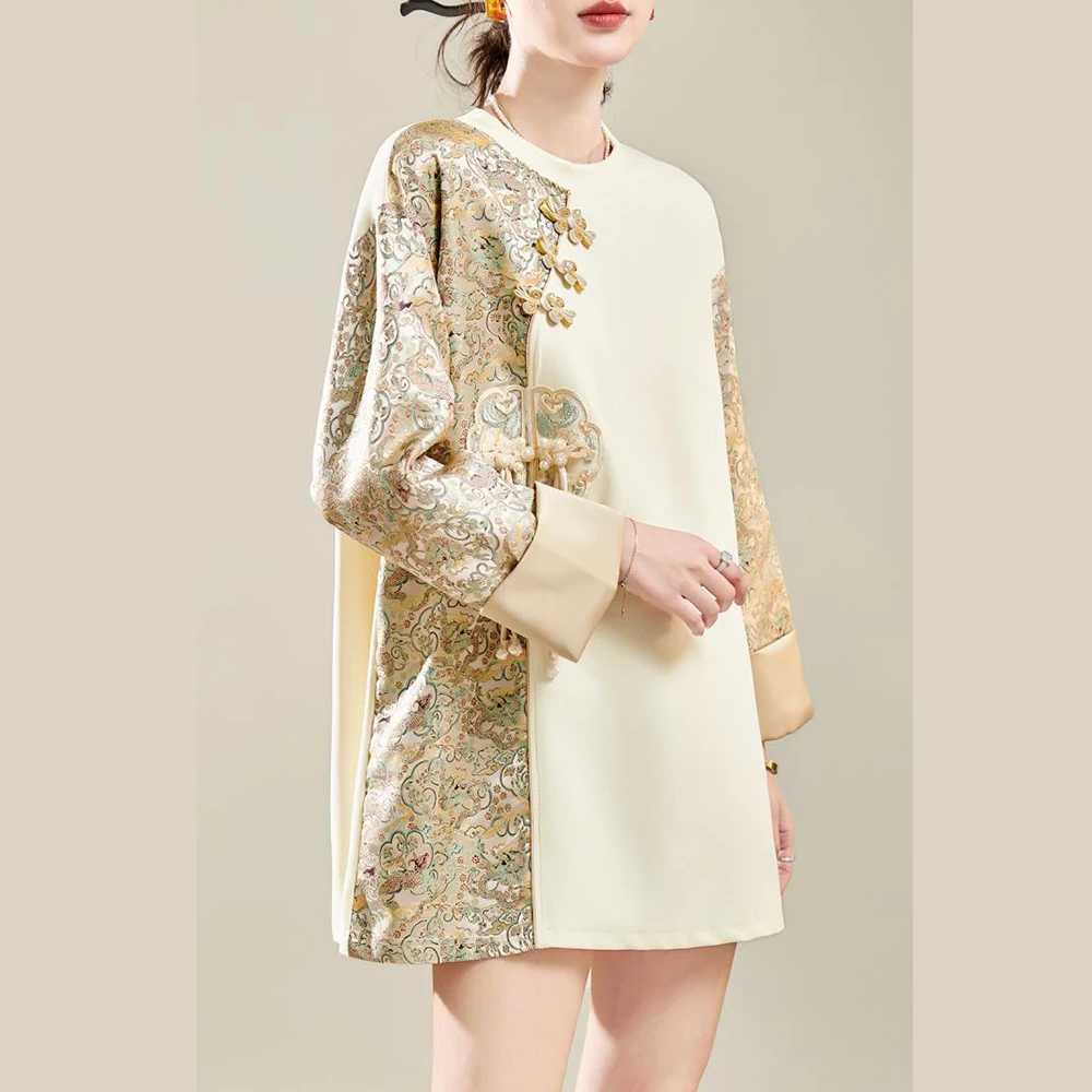 2025 Spring New Long Sleeve Round Neck New Chinese Printed Splicing T-shirt for Women Loose and Slimming for Women