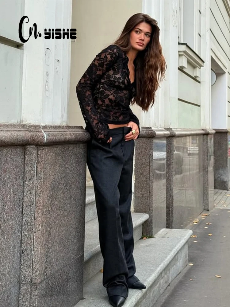 CNYISHE الدانتيل شير الخامس الرقبة طويلة الأكمام النساء بلايز تي شيرت الصلبة عادية نحيل مطاطا الشارع الشهير مثير نادي تيز بلوزة الإناث