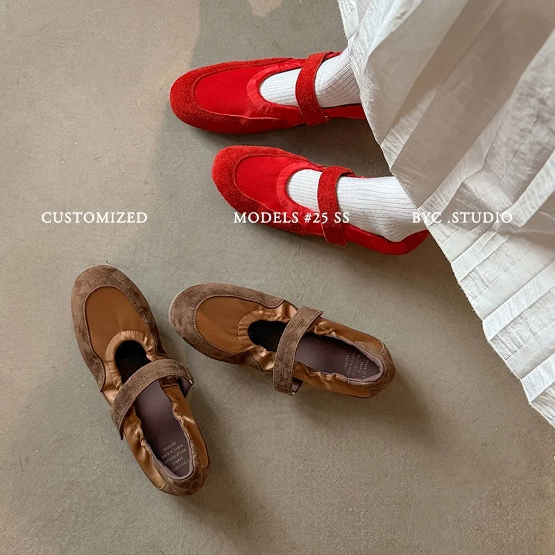 2026 new spring autumn women pumps natural leather 22-25.5cm kid suede+satin+sheepskin round toe buckle low heel women shoes