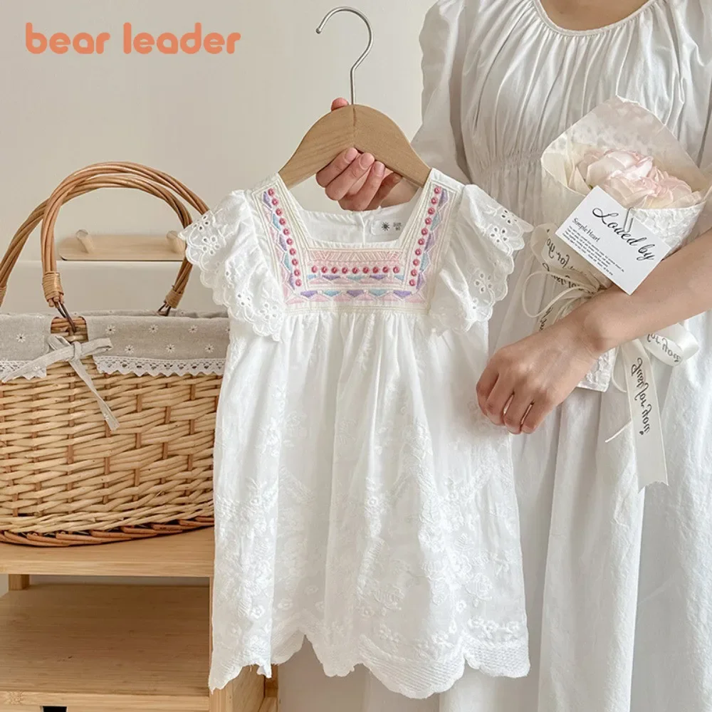 Bear Leader Summer Flower Embroidered Lace Princess Dress 2-7 Years Flying Sleeves Wedding Party Kids Clothes