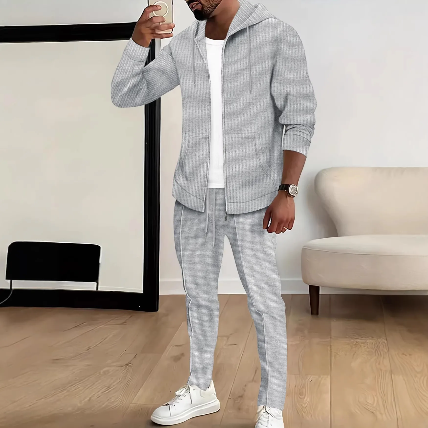 

Men's Hooded Zipper Sweatshirt Knitted Jacket Two Piece Set Loose Fit Sports Leisure Bathroom Set New