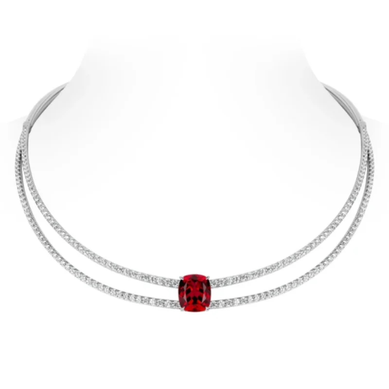 BELLUX Torque necklace 925 Silver Synthetic Zircon Rose Summer Ruby Square Full Diamond Double-layer Fashion Versatile Necklace