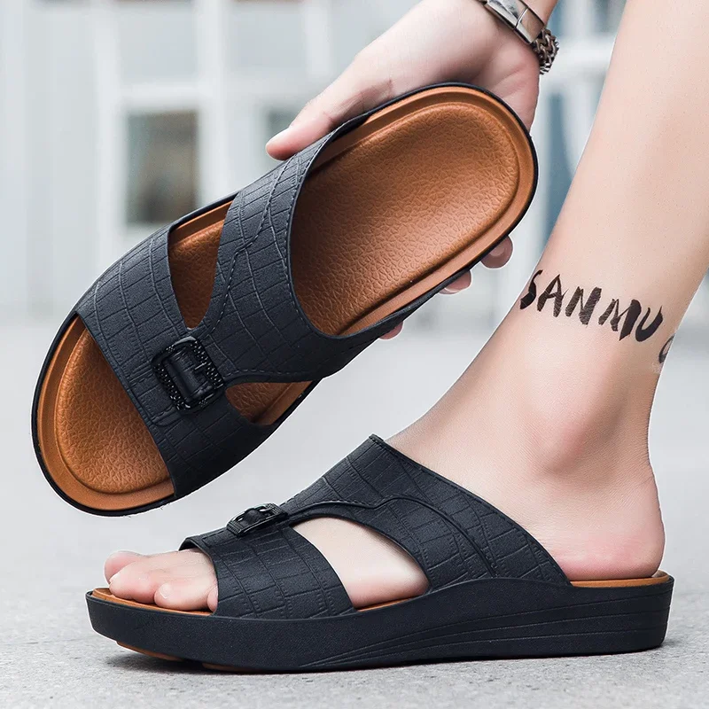 Fashion Platform Slippers for Men Shoes Summer Slip-on Open-toe Mens Beach Shoes Hot Selling Wear-resistant Male Casual Slippers