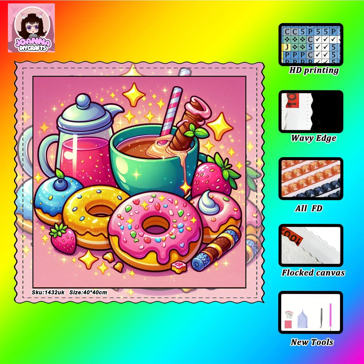 【Joanna.d Diamond Art】Delicious Doughn - Pintura de diamantes 5D, con diamantes de polvo de hadas, diseño perfecto, incluye tela flocada
