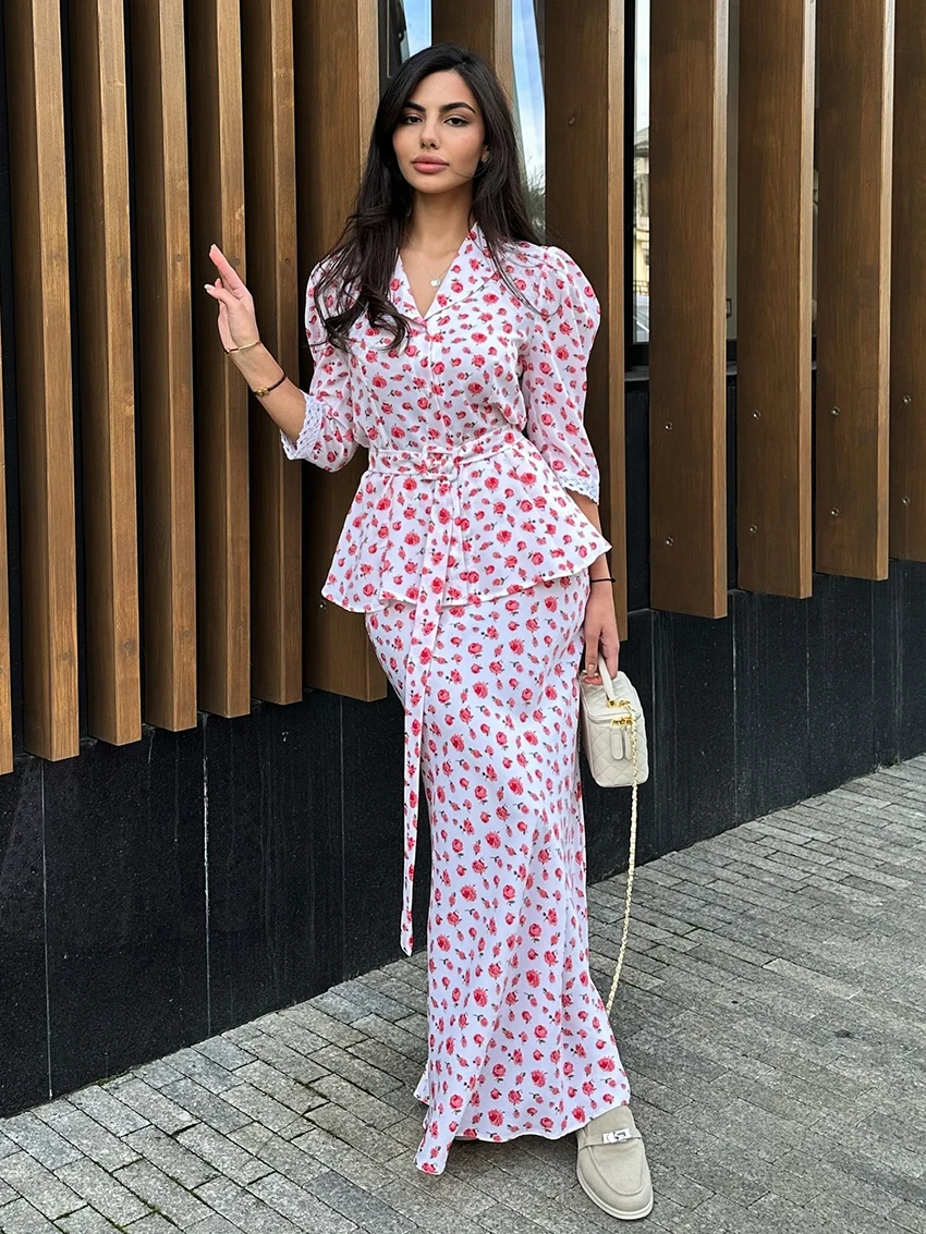 Marthaqiqi Printing Ladies Pajama Suit Three Quarter Sleeve Nightgowns Turn-Down Collar Nightwear Long Skirt Women Sleepwear Set