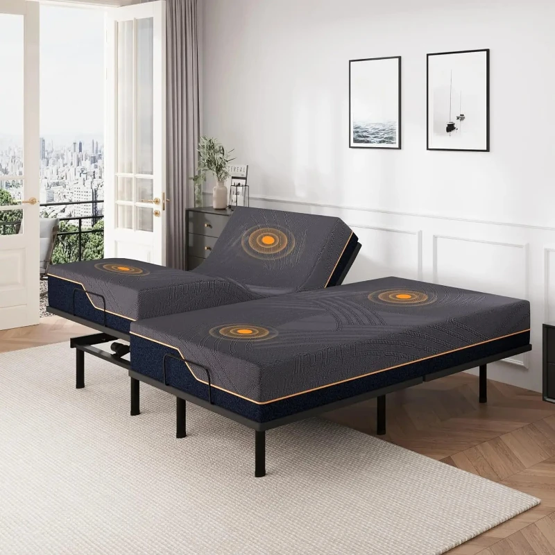 

Split King Adjustable Bed Base Frame with Wireless Remote + 14 Inch Copper Memory Foam Mattress Bed in a Box, Head and Foot
