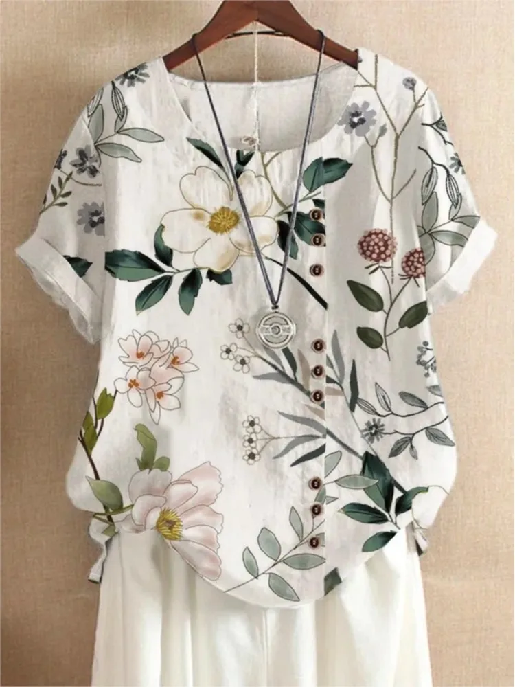 Summer O-Neck Short Sleeve Retro Floral Printing Loose Blouse Top 2024 Fashion Women Buttons Casual Shirts