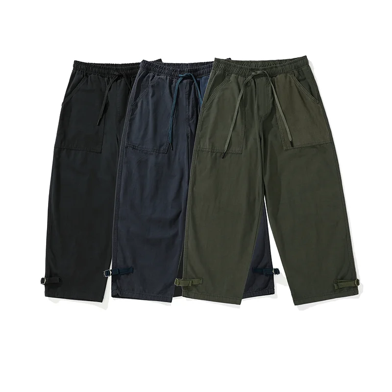 Japanese Retro Large Pocket Pants for Men and Women Elastic Waisted Loose Casual Straight Leg Pants for Spring and Autumn