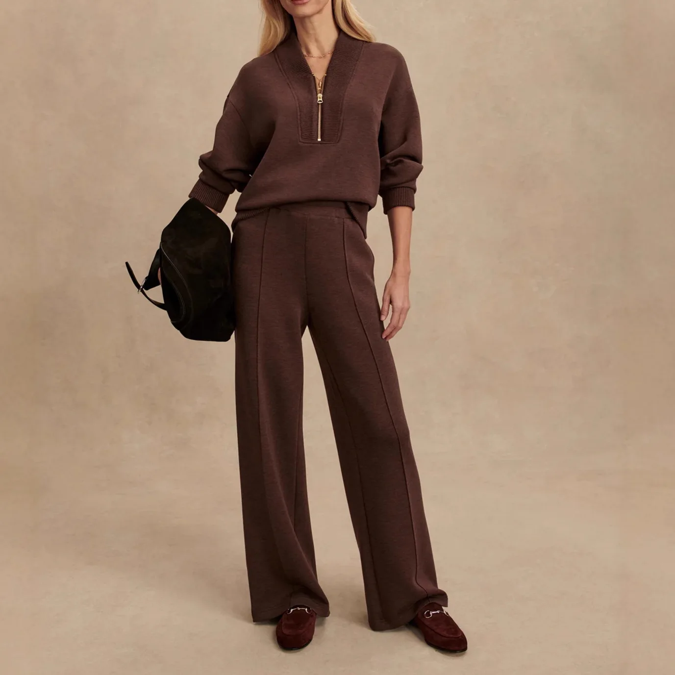 

Faionable Casual Knitted Women's Wear Cross-Border Two-Piece Set Simple Design Zipper Closure Comfortable Autumn Collection