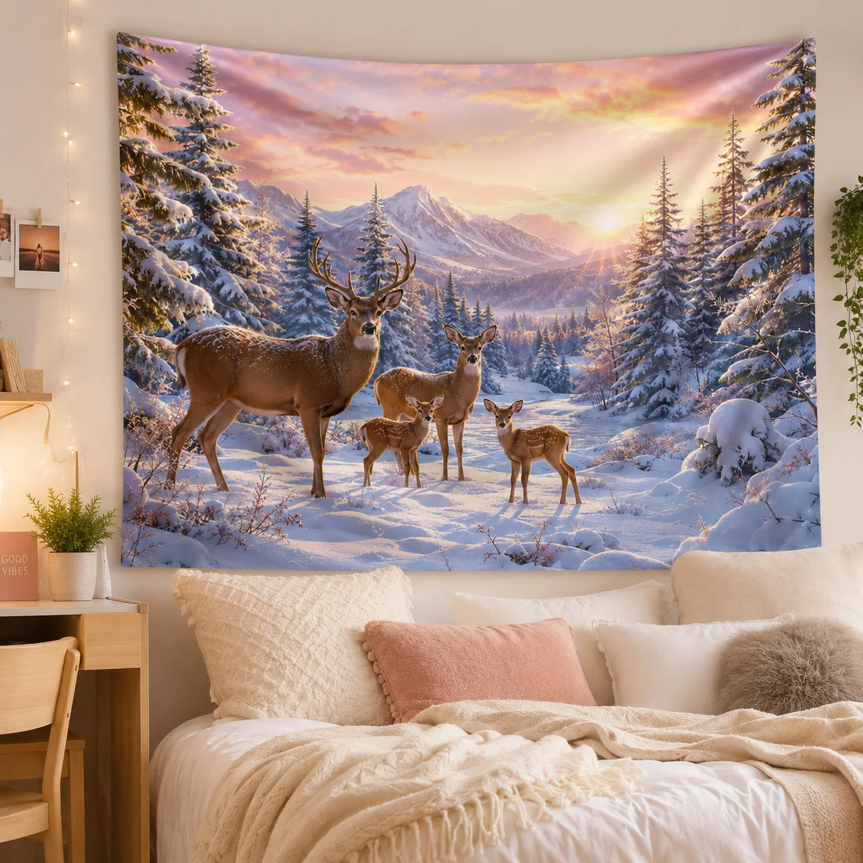 Winter Snow Deer Tapestry Wall Hanging Mountain Pine Tree Large Fabric Wall Tapestries Boho Decor Aesthetic Birthday Gift