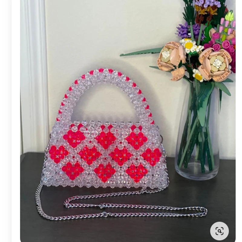 Ins High Quality Beaded Woven Handheld Women's Bag New Fashion Love Design Flip Chain Crossbody Bags Customized Valentine's Day